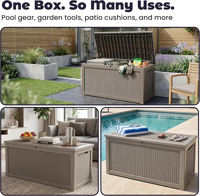 PatioZen 330 Gallon Outdoor Storage Box, Heavy Duty Resin Large Deck Box Organization for Garden Tools & Pool Accessories, Hydraulic Lift, All-Season UV-Resistant, Grey