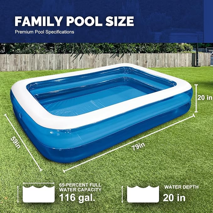 DIMAR GARDEN Inflatable Rectangular Swimming Pool for Kids or Adults (Max 79x59x203 Inch)
