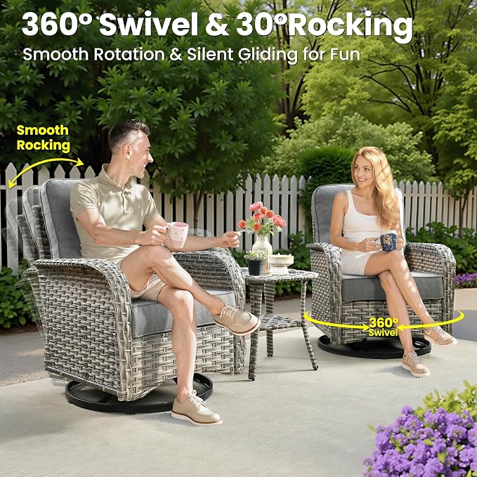ovios 8-Piece Patio Furniture Set with L-Shape Sofa Chaise, Outdoor Sectional Couch Swivel Gliders Fire Pit Table, Modern Modular Wicker Rattan Conversation Set, Dark Grey