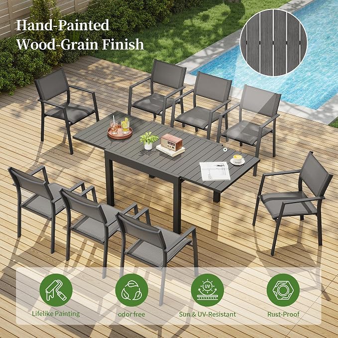 9 Piece Outdoor Dining Set, Expandable Outdoor Patio Dining Table Set for 6-8 Person, Aluminum Outdoor Table and 8 Chairs with Textilene Fabric & Armrest for Patio, Garden, Lawn, Deck(Black)