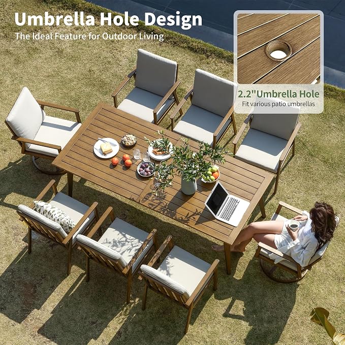 9 Pieces Patio Dining Set for 8, Aluminum Outdoor Dining Table Sets with Umbrella Hole, Modern Outdoor Furniture Set with 2 Swivel Chairs, 6 Dining Chairs and Table for Backyard Poolside,Teak