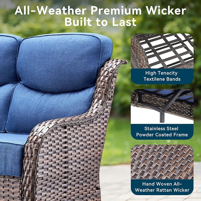 Luxury Outdoor Patio Furniture Set-Wicker High Backrest 3-Seat Patio Sofa with Comfy 6" Cushion, Rattan Couch with Deep Seat All-Weather Patio Conversation Set for Deck Backyard Garden(Brown/Blue)