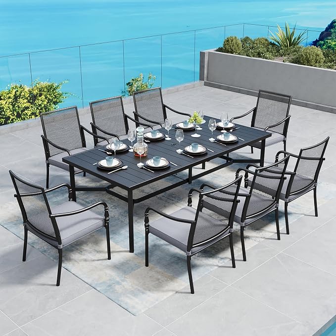 SUNSHINE VALLEY Patio Table and Chairs Set of 8, All-Weather Breathable Metal Mesh Patio Chair with Gourd-Shaped Armrests, 83x39 Rectangle Table with Umbrella Hole, 9 Pcs Metal Frame Patio Dining Set
