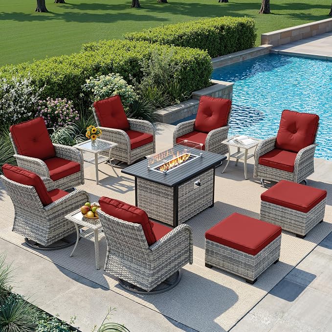 12-Piece Small Patio Furniture Set, Outdoor Swivel Rocking Chairs Set with 55,000 BTU Fire Pit Table Wicker Chairs and Ottomans, Patio Bistro Set for Balcony, Deck, Porch, Red
