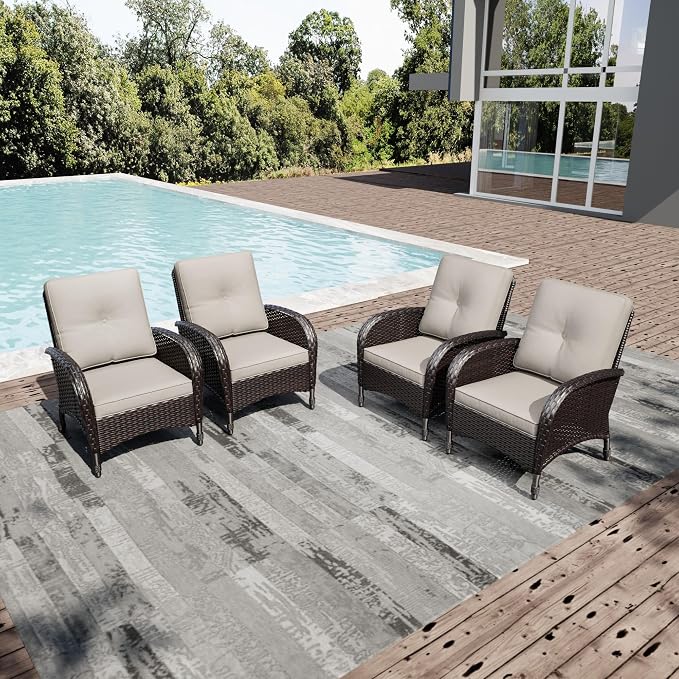 Joyside Wicker Patio Chairs, 4 Piece Rattan Outdoor Furniture with Thickened Cushions, High Back, Deep Seating, Wide Armrest, Outdoor Chairs for Porch, Deck