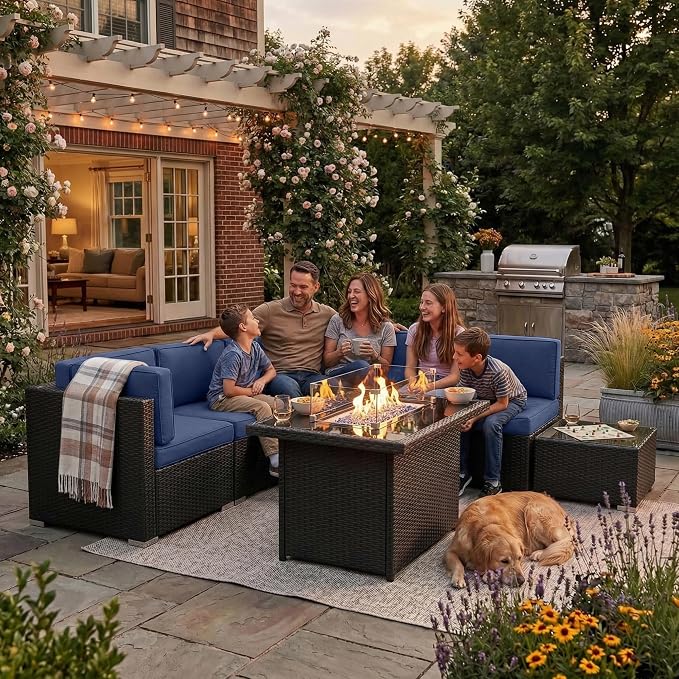 10 Pieces Patio Furniture Set with 44" Propane Gas Fire Pit Table, Outdoor Sectional Wicker Conversation Sofa Sets with Coffee Table