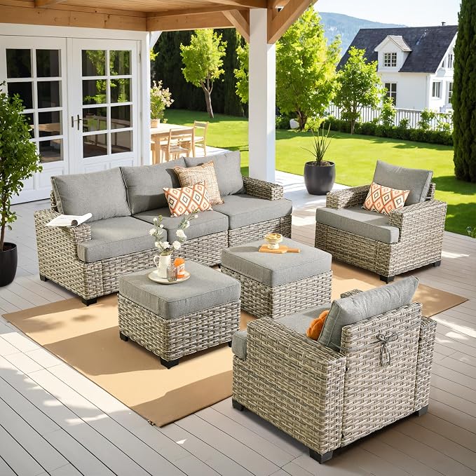 7 Pcs Outdoor Sectional Patio Furniture Set with Ottomans - All Weather Wicker Modular L Shaped Outside Sectional Couch,Patio Seating Outdoor Conversation Sets for Deck Yard Garden,Dark Grey