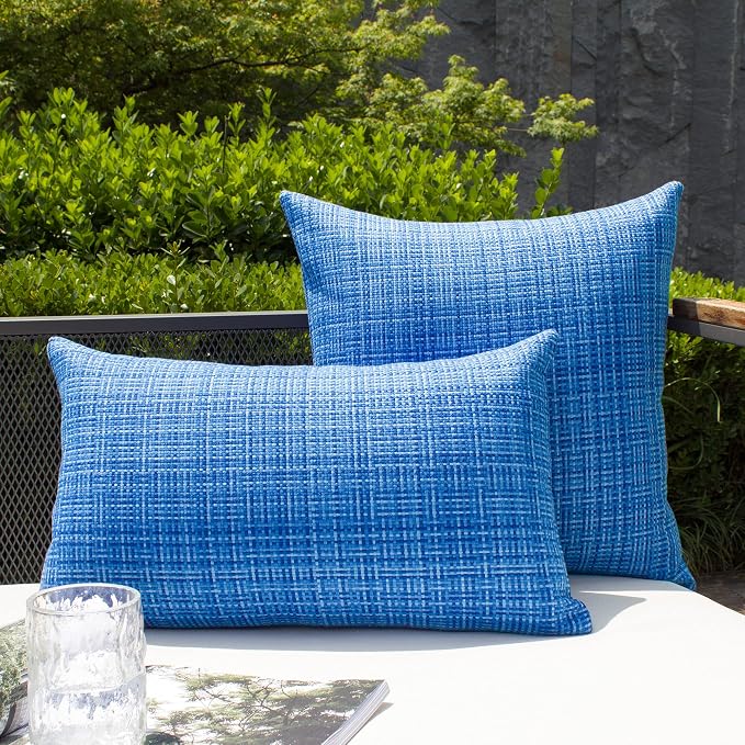 Kevin Textile Outdoor Waterproof 12"x20" Lumbar Pillow Covers 2 Pack, Blue | Water Resistant, Faux Linen Yarn-dyed, Woven Texture Throw Pillow Covers for Tent Patio Garden Couch Sofa
