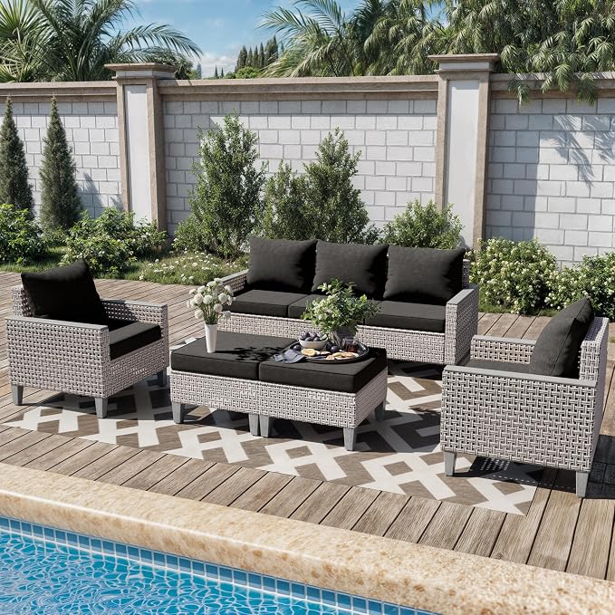 7 Pieces Patio Furniture Set with Ottomans, Modern Outdoor Sectional Sofa with Comfy Cushions, Modular Wicker Rattan Patio Conversation Set for Garden Poolside Deck, Black