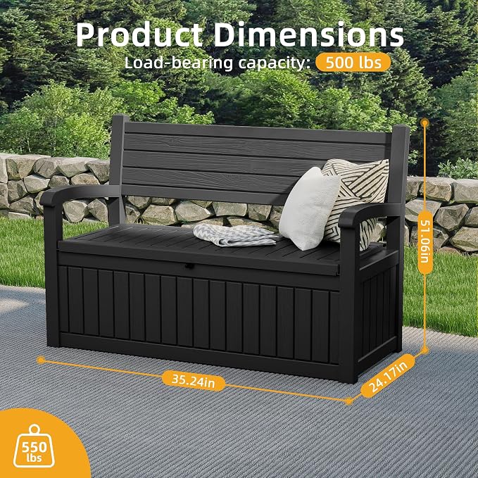 EasyUp 80 Gallon Wood Grain Style Outdoor Storage Bench, Waterproof and Lockable Deck Box Outdoor Storage Furniture for Patio,Garden,and Porch-Perfect for Storing Garden Tools(Black Srtipe)