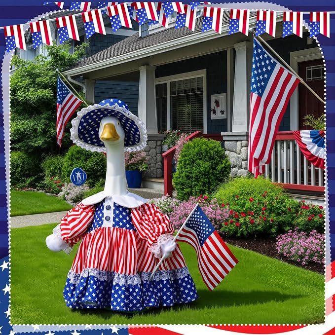 Soulchen 1 Set 4th of July Porch Goose Outfit 23 Inch Cement American Flag Patriotic Goose Dress Clothes and Hat Set for 250th Anniversary Independence Party Yard Lawn Outdoor Garden Patio Decor
