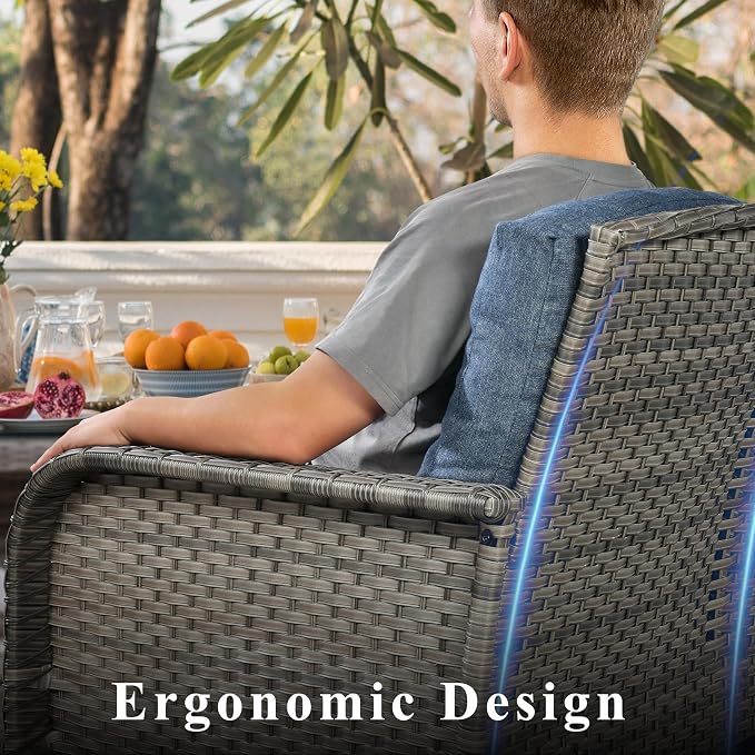 CAODOC 4-Piece Wicker Patio Furniture Set, All-Weather Rattan Conversation Bistro Loveseat Chair and Table Set for Backyard, Balcony and Deck with Soft Cushions and Metal Table(Blue)