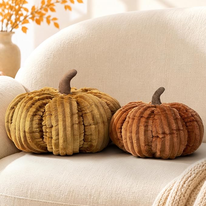 AELS Pumpkin Throw Pillows Set of 2, 14" Burnt Orange & Cinnamon Pillows | for Couch Sofa Bed Living Room Home Decor, Farmhouse 3D Fall Halloween Thanksgiving Decorative Accent Pillows