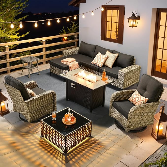 HOOOWOOO Outdoor Sectional Furniture Set with Fire Pit Table,9 Pieces Wicker Patio Conversation Sets,L Shape All Weather Outside Couch Sofa Set with Swivel Chairs Solar Light Table Ottoman,Black