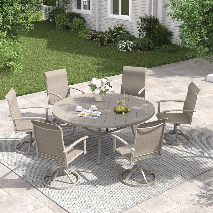 VICLLAX 7 Pieces Patio Dining Set, Outdoor Dining Set for 6-53" Round Outdoor Table and Swivel Patio Chair Set for Deck, Lawn and Garden, Sanshell Color