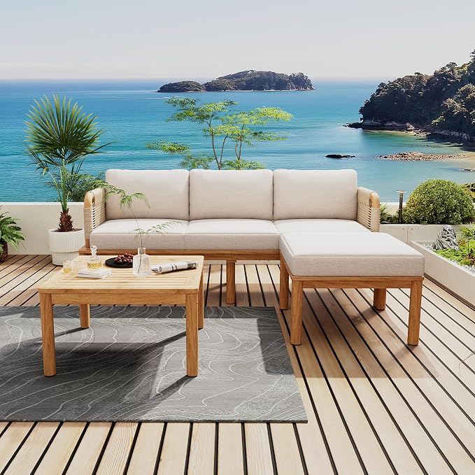 JIVOIT 3-Piece L-Shape Outdoor Furniture Set, Outdoor Acacia Wood and Rope Patio Sofa Set, Conversation Set with Acacia Wood Coffee Table and Ottoman for Backyard Porch Garden