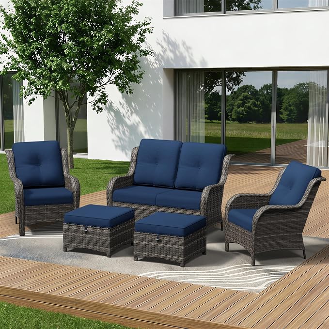 5 Piece Outdoor Wicker Patio Furniture Set, Patio Chairs Set with Thickened Olefin Cushions, High Back and Deep Seating, Hand-Woven PE Rattan, Ottoman for Porch, Deck