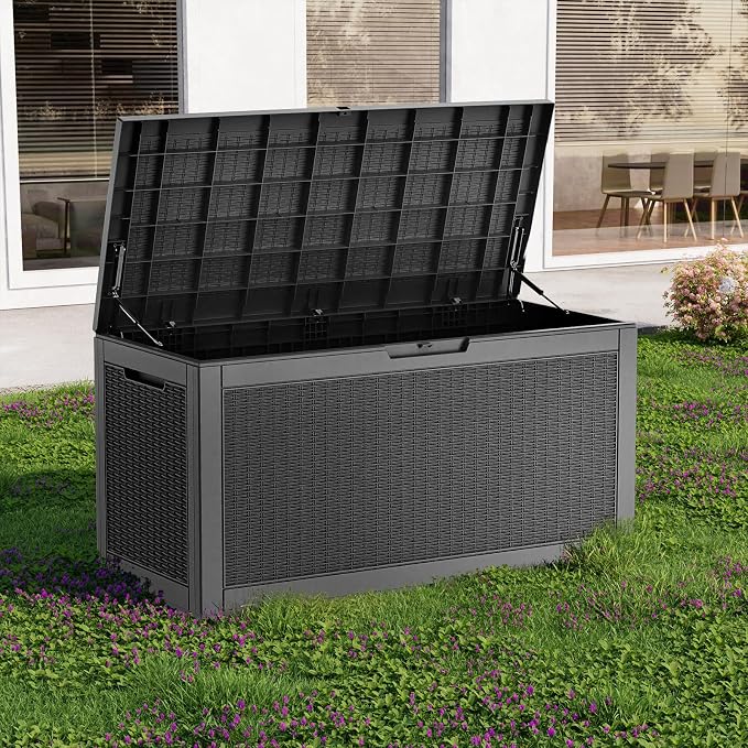 EasyUp 120 Gallon Deck Boxes Waterproof, Outdoor Large Storage Boxes with Lids, Outside Resin Storage Box & Deck Boxes for Patio, Garden Use(Black)