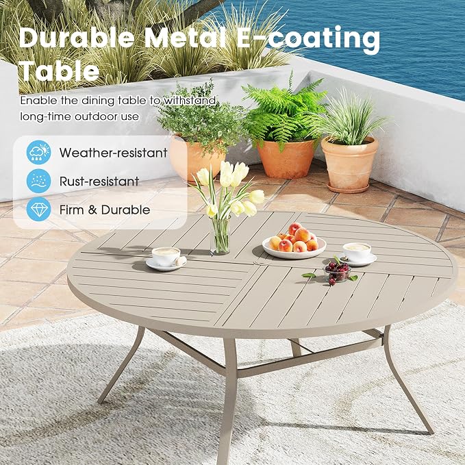 9 Pieces Patio Furniture Dining Set, 8 Textilene Swivel Dining Chairs, 60" Outdoor Round Metal Table with 1.57" Umbrella Hole, Outdoor Dining Set for Porch, Lawn, Garden, Sand/Sand