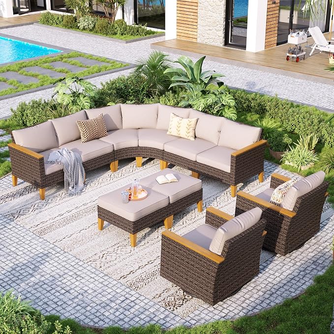 GREEN PARTY 10 Pieces Wicker Patio Furniture Set, All-Weather Outdoor Rattan Half-Moon Curved Patio Sectional Sofa Conversation Set 10 Seats for Garden, Backyard, 2 x Swivel Chairs