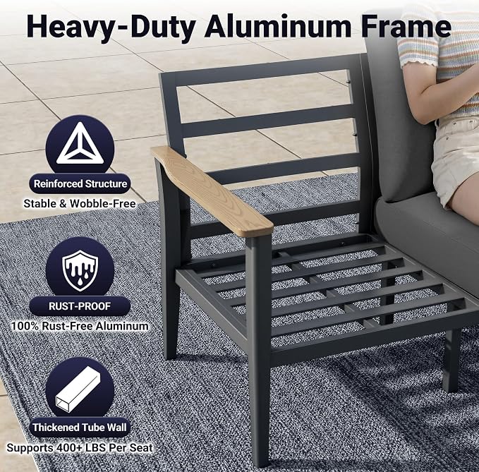 Aluminum Outdoor Patio Furniture Set, 11-Piece Sectional Sofa with 5.1" Thick Cushions, Swivel Rocking Chairs, 55,000 BTU Fire Pit Table, Outdoor Couch for Backyard, Deck, Black