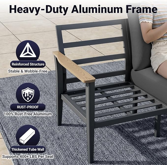 Aluminum Swivel Rocking Chairs, 3-Piece Outdoor Patio Furniture Set with Side Table, Rust-Proof Metal Gliders with Wood-Like Armrests & 5.1" Thick Cushions for Backyard, Porch, Black