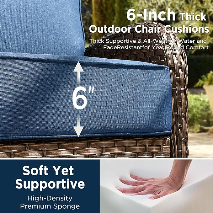 10 Pieces Luxury Patio Furniture Set with 42.5" Fire Pit Table, 6-Inch Thick Cushions Wicker Outdoor Furniture with Swivel Patio Chairs Set of 4, Outdoor Patio Conversation Set for Garden Deck, Blue