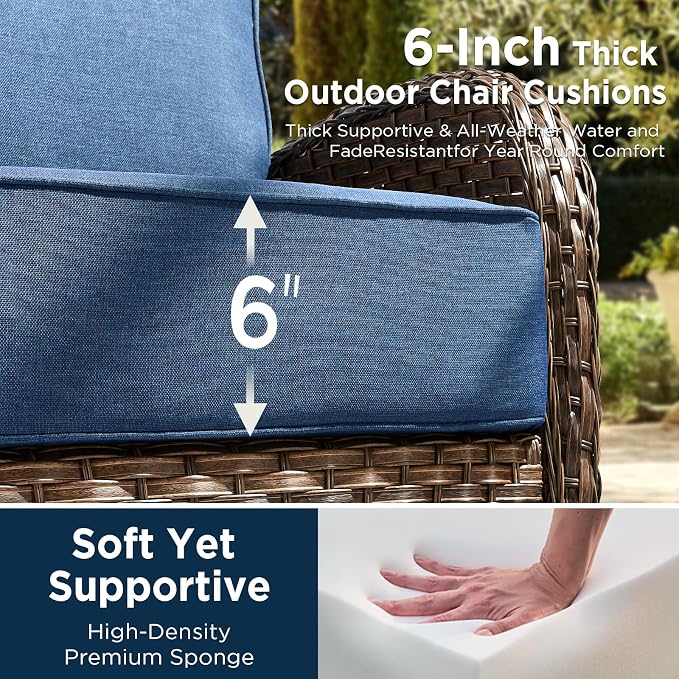 Luxury Outdoor Patio Furniture Set with 6-Inch Thick Cushions, 7 Pieces Wicker Outdoor Furniture with High Back Swivel Patio Chairs Set of 2, Outdoor Conversation Set for Deck Garden Porch, Blue
