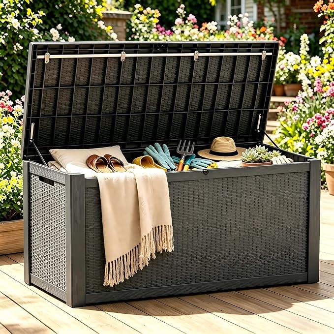 328 Gallon Waterproof Outdoor Storage Box, Heavy Duty Resin Deck Box Lockable, Large Outside Patio Storage Bench for Garden Tools & Pool Accessories,Hydraulic Lift, All-Season UV-Resistant, Gray Brown