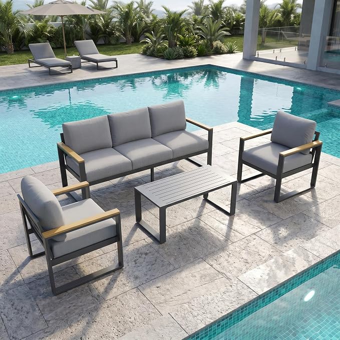 1 Pcs 3-Seat Aluminum Sofa and Coffee Table, Aluminum Patio Set with Washable Thick Cushion for Balcony, Garden, Deck, Backyard,Gray
