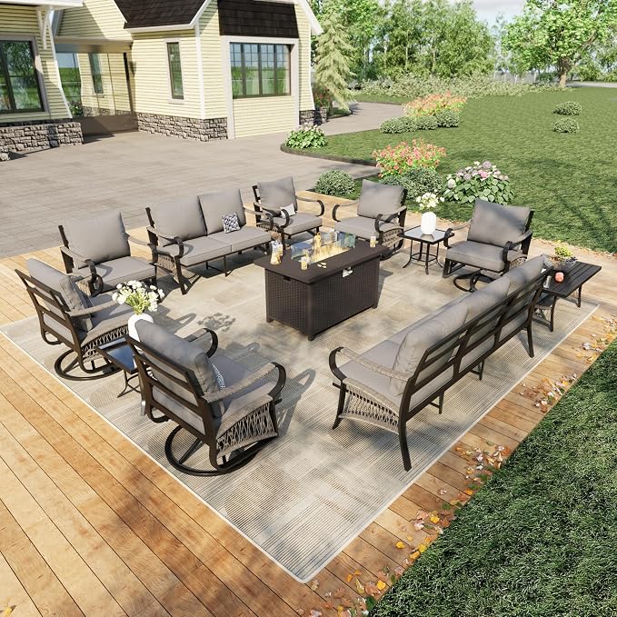12 Pieces Patio Furniture Set, Metal Outdoor Conversation Sets with Fire Pit Table and Swivel Chairs for Backyard Garden Deck Porch Poolside (Thick Gray Cushions)