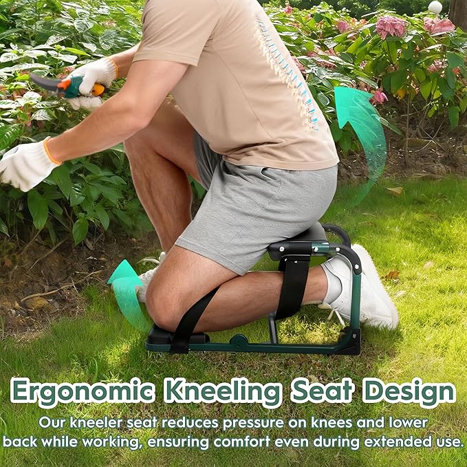 Garden Kneeler and Seat, Ergonomic 2-in-1 Foldable Knee Seat, Gardening Stool with Soft Adjustable Kneeling Pad, Gardening Gifts for Women Mom Men Seniors