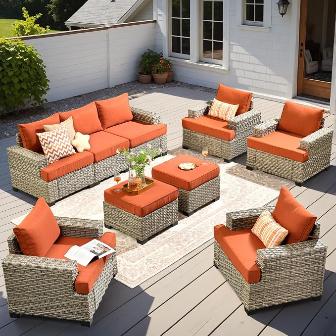 9 Pcs Outdoor Sectional Patio Furniture Set with Ottomans - All Weather Wicker Modular Outside Sectional Couch,Patio Seating Outdoor Conversation Sets for Deck Yard Garden,Orange Red