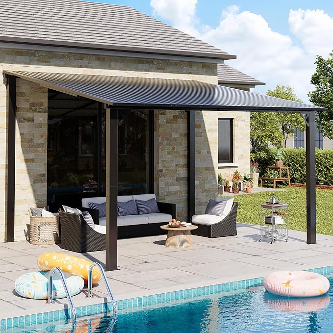 AirWire 10'x12' Lean to Gazebo, Hardtop Pergola with Metal Roof, Wall Mounted Heavy Duty Canopy Awning for Backyard, Deck and More