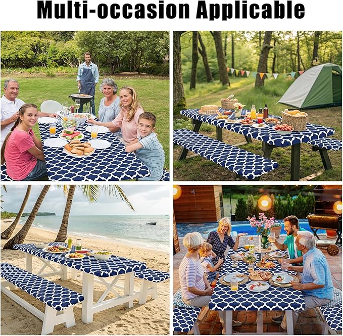 Smiry Picnic Table Cover with Bench Covers, Waterproof Elastic Fitted Tablecloth for 6 Foot Tables, Washable Polyester Tablecloths for Camping, Indoor & Outdoor (Navy, 30x72 Inch 3-pc Set)