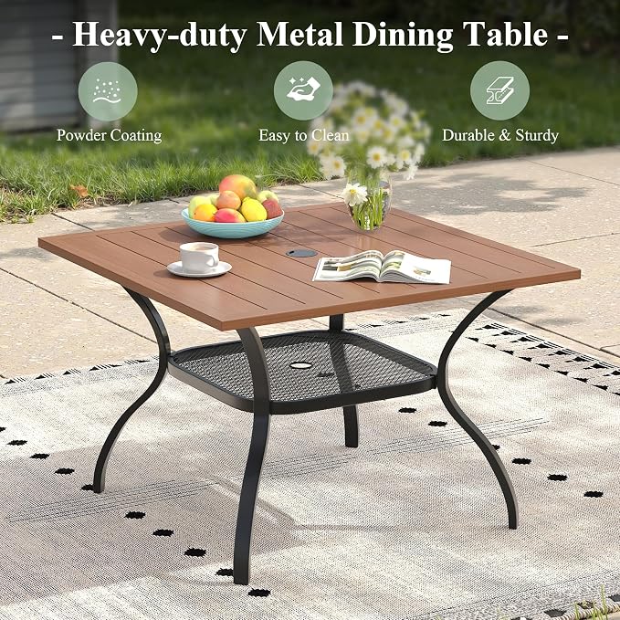 5 Pieces Patio Dining Set, 4 Outdoor Swivel Dining Chairs with 37.8" Square Metal Outdoor Dining Table with Umbrella Hole for Garden Backyard Deck, Mixed Brown & Walnut