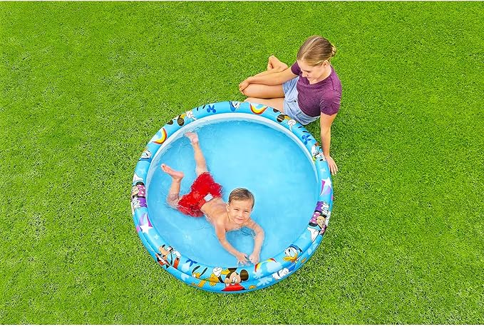 Mickey and Friends Inflatable Pool - Bundle with Disney Inflatable Kiddie Pool for Boys, Girls, Kids Plus Stickers, More | Mickey and Friends Kiddie Pool Set (48" L x 48" W x 10" H)
