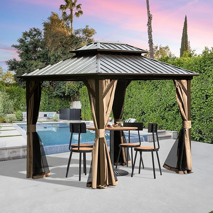 Domi 8' x 10' Hardtop Gazebo, Outdoor Metal Gazebo for Patios with Galvanized Steel Double Roof, Heavy Duty Curtains and Netting Included, Permanent Pergola for Backyard, Garden Lawn, Brown
