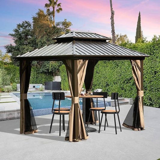 Domi 8' x 10' Hardtop Gazebo, Outdoor Metal Gazebo for Patios with Galvanized Steel Double Roof, Heavy Duty Curtains and Netting Included, Permanent Pergola for Backyard, Garden Lawn, Brown