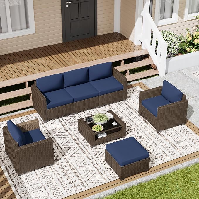 LOUVIXA 7 Piece Outdoor Patio Furniture Set, Rattan Chairs Glass Table Wicker Conversation Seating Sectional Sofa with Cushions (Brown-Navy, 7Pcs-2 Layer Coffee Table)
