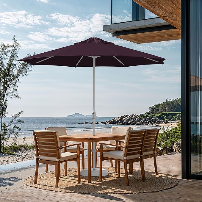California Umbrella 10-Year Protection 9 Ft Outdoor Patio Umbrella, Pacifica Fade-Resistant Fabric, Auto-Tilt, Heavy Duty Aluminum Frame, 8 Reinforced Ribs for Pool or Deck, White Pole, Purple