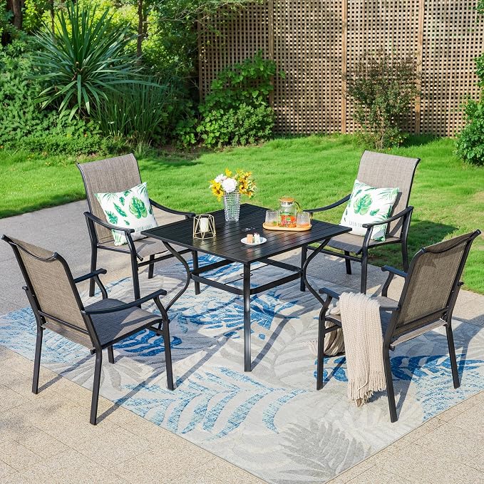 MFSTUDIO Patio Table and Chairs Set, 5 PCS Patio Dining Set with 4 Sling Dining Chairs and 1 Square Heavy Duty Metal Table for 4, All Weather Resistant Patio Dining Furniture, Grey