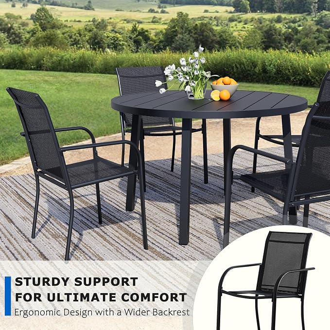 9-Piece Patio Furniture Set, Black Round Patio Table and Black Chairs Set of 8, Outdoor Dining Set with Umbrella Hole for Garden, Yard, Patio