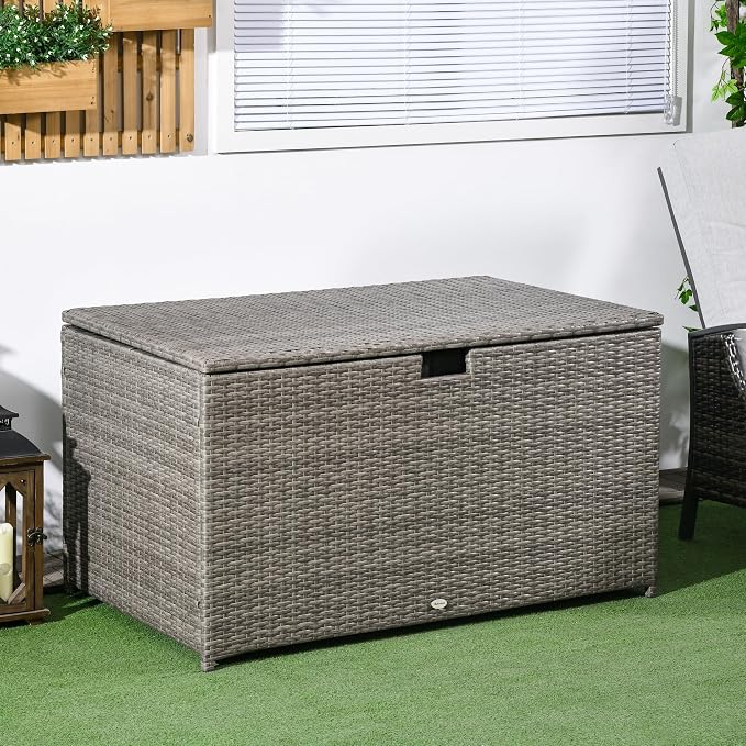 113 Gallon Deck Box, Rattan Outdoor Storage Box, Waterproof Storage Container for Indoor, Patio Furniture Cushions, Pool Toys, Garden Tools, Gray