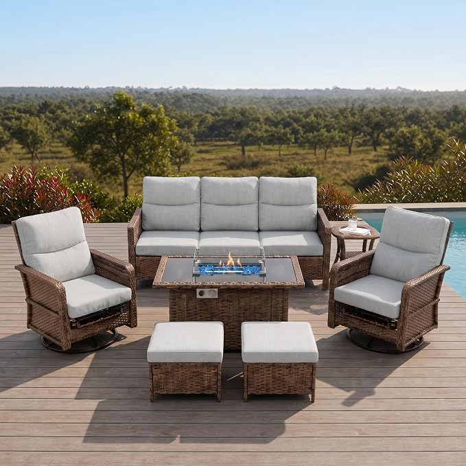 Brafab 7-Seat Piece Wicker Patio Furniture Set with 44" Propane Fire Pit Table, Outdoor Swivel Recliner Chairs with Adjustable Backrest & Footrest for Patio Conversation and Backyard Gathering, Beige