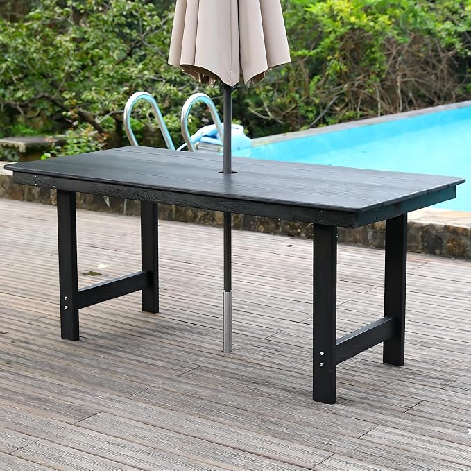 7-Pcs Outdoor Patio Dining Table Set of 6, Outdoor Patio Rectangular 66.9'' Dining Table and Armchair for Garden Backyards Pool Side, Waterproof HDPE Material & 1.95'' Umbrella Hole, Black