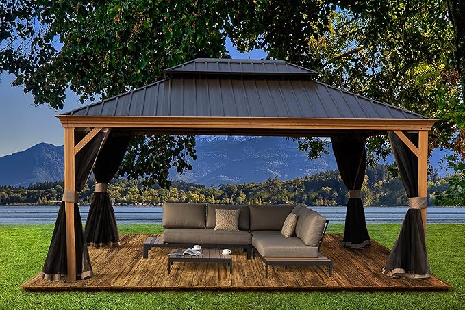 Kozyard Apollo 12’x16’ Hardtop Gazebo, Wooden Coated Aluminum Frame Canopy with Galvanized Steel Double Roof, Outdoor Permanent Metal Pavilion with Netting for Patio Lawn