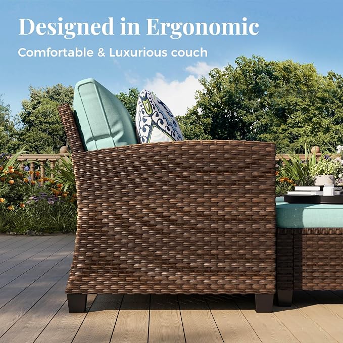 MIXPATIO Patio Furniture Set, 5 Pcs Wicker Rattan Outdoor Conversation Set, 2 x Leg Chairs, 1 x 3 Seater Sofa and 2 x Ottoman with 4" Thick Cushion for Garden Backyard Deck, Blue