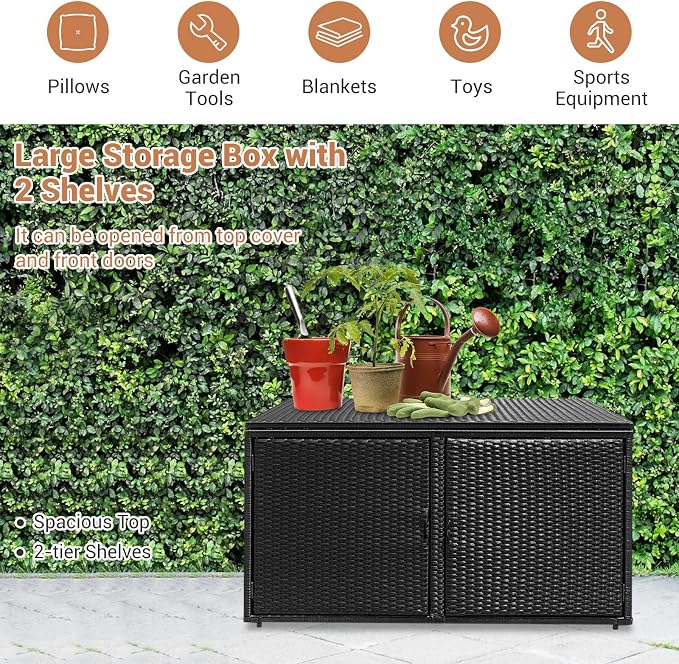 RELAX4LIFE PE Wicker Storage Box - Outdoor 88 Gallon 2-Tier Deck Box for Patio Furniture Toys Storage w/Lid & Front Doors, All Weather Rattan Storage Bin for Backyard Garden Poolside Porch (Black)