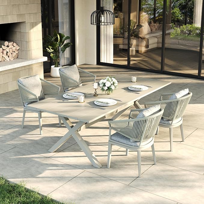 LayinSun 5 Piece Outdoor Dining Table Set, Aluminum Modern Rectangular Dining Table and All-Weather Wicker Chairs Set for Patio Deck Indoor Decor Kitchen